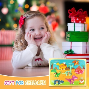 Puzzle Montessori din Lemn pentru Copii, 3D, 0-3 Ani, Model Dinozauri, 8 Piese, 30x22.5x0.8 cm, Multicolor - Img 2