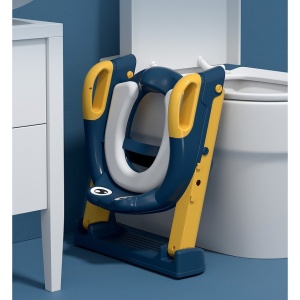 Reductor si Scaunel Inaltator WC, pentru Copii 1 - 7 Ani, 2 Trepte Reglabile, Pliabil, Colac Moale, cu Spatar si Manere, Albastru/Portocaliu - Img 2