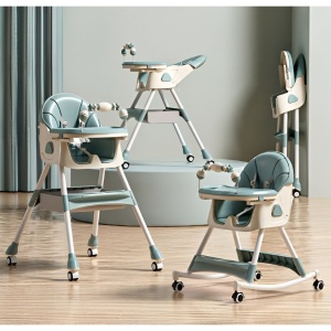Scaun de Masa pe Roti pentru Copii, 2 Tavite si Husa Detasabile, Multifunctional, Stabil, Centura de Siguranta, Spatar Reglabil Moale, Balansoar, Cos de Depozitare, de la 6 Luni, Verde - Img 2