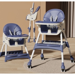 Scaun de masa pentru bebelusi si copii cu roti, telescopic, pliabil, masuta reglabila, suport picioare, scaun invelis piele artificiala, 97 x 73 x 65 cm, albastru - Img 6