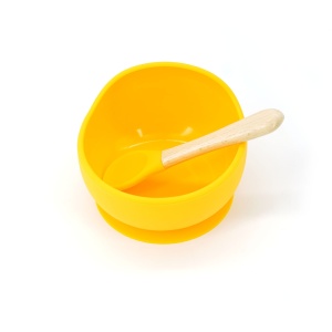 Set 2 piese diversificare bebelusi si copii din silicon, bol cu ventuza, lingurita din lemn si silicon, fara alergeni,galben - Img 2