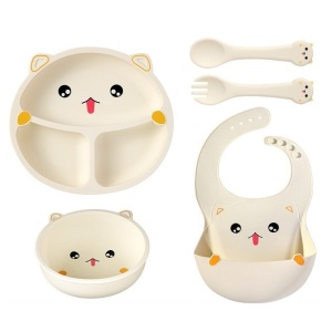 Set 5 Piese Hranire Bebelusi si Copii, din Silicon, fara BPA, de la 12 Luni, Model Pisicuta, 28 x 26 x 2 cm, Bej