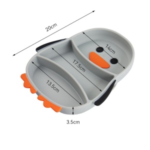 Set diversificare bebelusi din silicon, 1 farfurie compartimentata in forma de pinguin, lingurita si furculita, pai, perie pai, fara alergeni, ventuza fixare, gri - Img 4