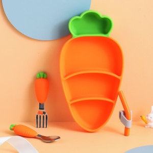 Set diversificare bebelusi din silicon, 1 farfurie compartimentata in forma de morcov, lingurita si furculita, pai, perie pai, fara alergeni, ventuza fixare - Img 5