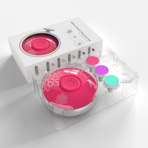 Set Pila Electrica pentru Copii si Bebelusi, ABS, Incarcare USB, Model cu Flori, 6 Accesorii, cu Lumina LED, Fucsia - Img 4