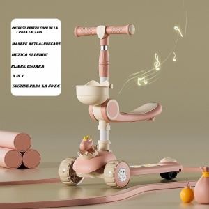 Trotineta Multifunctionala 3 in 1, pentru Copii, 1-7 Ani, cu Lumini si Muzica, Reglabil 360, Pliere Usoara, Reglarea Inaltimii, Model Dinozaur, Alb/Roz - Img 3