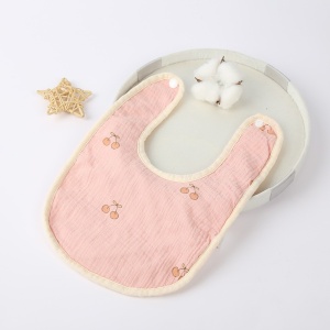 Baveta in Forma de U, din Bumbac, pentru Copii 0-12 Luni, Rezistenta la Apa, cu Capse, Model cu Cirese, 21x30 cm, Roz - Img 2