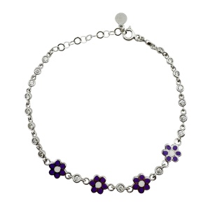 Bratara pentru Copii, Jolie, Argint 925, Model Floare cu Piatra, cu Email si Zirconiu, 22 cm/4.4g Argintiu/Mov - Img 1