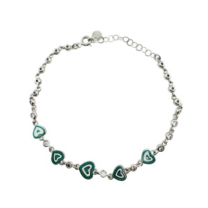 Bratara pentru Copii, Jolie, Argint 925, Model Inima, cu Email si Zirconiu, 22 cm/4.4g Argintiu/Verde