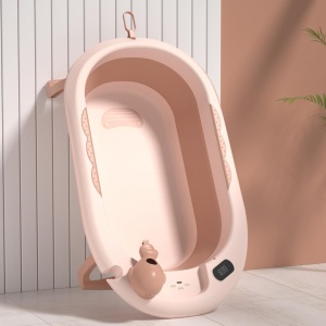 Cada de Baie, pentru Copii 0 luni - 6 Ani, cu Termometru, Pliabila, Perna Suport Inclusa, din Plastic, 81.5 x 49 x 21.5 cm, Roz - Img 3