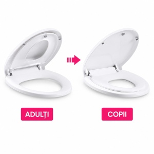 Capac de Toaleta cu Reductie 2 in 1, pentru Copii si Adulti, Coborare Lenta si Silentioasa, Instalare Usoara, din PP5 , in Forma de U Patrat, Alb - Img 2