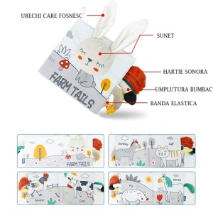 Carte Senzoriala, pentru Bebelusi, 15x16x6 cm, cu Animalute, 3D, Cu Sunete si Fosnete, 0-3 Ani, Model Iepuras, Gri - Img 2