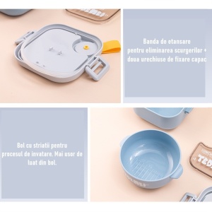 Caserola pentru copii lunch box, 750 ml, doua boluri, lingura, foarfeca din plastic, rezistenta la scurgeri, Albastra - Img 6