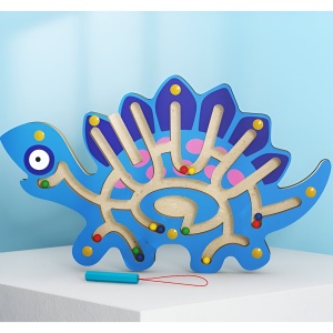 Joc Montessori cu Bile, Creion Magnetic, Tip Labirint, din Lemn, Model Stegozaur, 25x15.5 cm, Albastru - Img 2