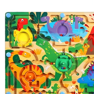 Joc Montessori de Sortare Culori, Creion Magnetic, Tip Labirint Ilustrat, din Lemn, Model Dinozauri, 39x29x1.5 cm - Img 3