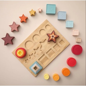 Jucarie Educativa, +12 Luni, Tip Montessori, din Lemn si Silicon, Forme Geometrice Stivuibile, 15 Piese, 27 x 19 cm, Multicolor - Img 4