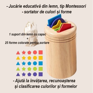 Jucarie Educativa Montessori din Lemn, 28 Piese, Sortator cu Forme Geometrice, 2+ ani, 11.3 x 7 cm, Multicolor - Img 4