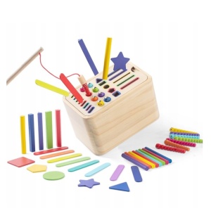 Jucarie Educativa Montessori din Lemn, Cutie Sortare Forme, Culori si Betisoare, Joc de Insirare, 56 piese,3+ ani, Multicolor - Img 3