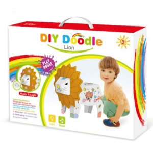 Jucarie Educativa pentru Copii, Model Leu 3D, Puzzle 3D de Asamblat si Colorat din Carton, Educativ, 41 x 12 x 33 cm, 3+ ani, Maro/Alb