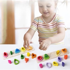 Jucarie Montessori din Lemn, Tip Puzzle, cu 5 Forme Asimetrice, 15 Piese, Model Copaci, Materiale Non Toxice, +2 Ani, 29x6.5 cm, Multicolor - Img 4
