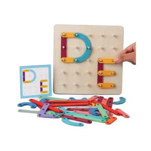 Jucarie Montessori Pegboard, din Lemn, Tip Puzzle, Forme, Litere, Educativ, 17.8 x 17.8 x 1.5 cm, Multicolor