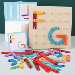 Jucarie Montessori Pegboard, din Lemn, Tip Puzzle, Forme, Litere, Educativ, 17.8 x 17.8 x 1.5 cm, Multicolor - Img 3