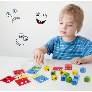 Jucarie pentru copii montessori cub din lemn, asamblare fete, 64 de carti distractive, +3 ani, educativ, multicolor - Img 3