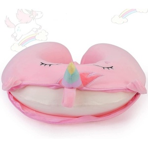 Perna de Calatorie in Forma de U, Pentru Gat si Cap, Umplutura din Spuma cu Memorie, 30x30 cm, Model Unicorn, Accesoriu de Voiaj, Birou, Masina, Sistem Prindere Capse, Roz - Img 3