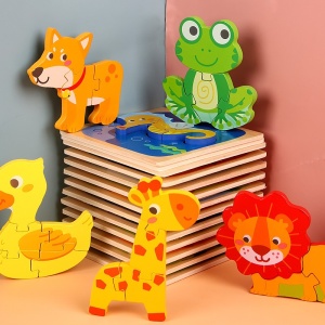 Puzzle Montessori din Lemn pentru Copii, 3D, 0-3 Ani, Model Catel, Educativ, Intuitiv, Creativ, 3 Piese, 15x15x0.5 cm, Multicolor - Img 4