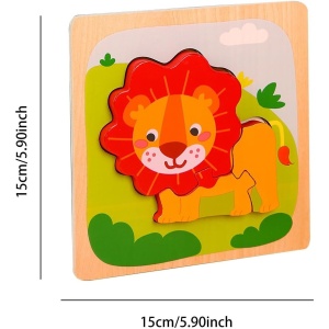 Puzzle Montessori din Lemn pentru Copii, 3D, 0-3 Ani, Model Leu, Educativ, Intuitiv, Creativ, 3 Piese, 15x15x0.5 cm, Multicolor - Img 5