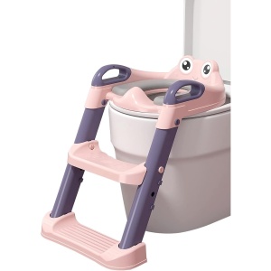 Reductor si Scaunel Inaltator WC, pentru Copii 1 - 7 Ani, 2 Trepte Reglabile, Pliabil, Colac Moale, cu Spatar si Manere, Inaltime 54/58 cm x 39.5 x 35 cm, din Plastic+PVC, Roz/Mov - Img 4