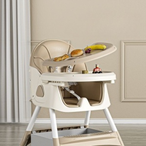 Scaun de Masa pentru Bebelusi si Copii, 2 Tavite cu Jucarii si Husa Detasabile, Multifunctional, Balansoar, de la 6 Luni, 97x73x65cm, Crem - Img 5