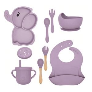 Set 10 Piese Servire Masa. pentru Bebelusi si Copii, din Silicon/Lemn, cu Ventuze Anti-alunecare, fara Alergeni. +6 Luni, Model Elefant, Mov