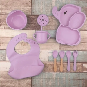 Set 10 Piese Servire Masa. pentru Bebelusi si Copii, din Silicon/Lemn, cu Ventuze Anti-alunecare, fara Alergeni. +6 Luni, Model Elefant, Mov - Img 4