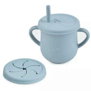 Set 10 Piese Servire Masa. pentru Bebelusi si Copii, din Silicon/Lemn, cu Ventuze Anti-alunecare, fara Alergeni. +6 Luni, Model Elefant, Albastru Deschis - Img 2