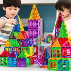 Set 100 de Piese Magnetice de Constructie Flippy Magnetic Tiles Piese Mari Forme Geometrice 3 Ani ABS Magnet 20.5 x 14.5 x 12 cm - Img 5