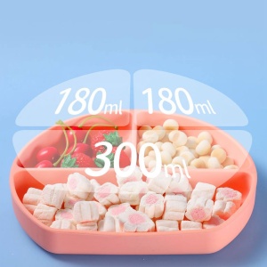 Set 5 piese diversificare bebelusi si copii din silicon baveta, farfurie compartimentata cu ventuza, bol cu ventuza, tacamuri, fara alergeni, roz - Img 4