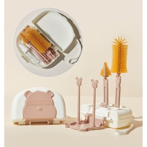 Set 7 Piese de Spalat/Uscat Biberoane, Portabil, Peri de Silicon, pentru Tetine, Suzete, Biberoane, Paie, Cutie Inclusa, 16 x 11 x 5 cm, Model Ursulet, Maro - Img 4