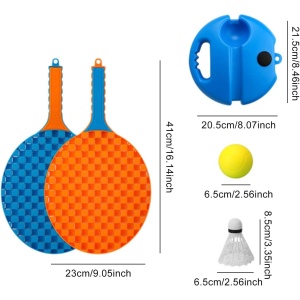 Set Badminton pentru Copii, Doua Palete, Fluturas, 2 Mingi, Minge cu Elastic pentru Antrenament, Suport de Prindere Stabil, 41x23 cm, Albastru Portocaliu - Img 5