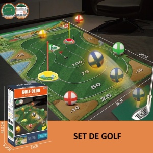 Set de Golf, Interactiune Parinte-Copil, Covor de Golf, 140 x 98 cm, 4 Mingii cu Scai, 3 Crose Reglabile, Model B, +3 Ani, Multicolor - Img 2