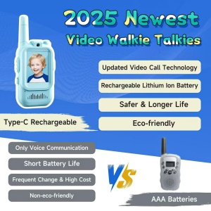 Set Walkie Talkie WiFi pentru Copii, Set 2 Statii, Apeluri Video, cu Ecran de 2", Efecte Voce, Reincarcabile, Cabluri TYPE-C, Raza pana la 500 m, Roz/Albastru - Img 4