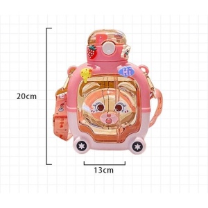 Sticla cu pai pentru copii, model ursulet, gradata, stickere aplicate, curea reglabila, din plastic rezistent la cadere, 1l, Roz, 20 x 13 cm - Img 5