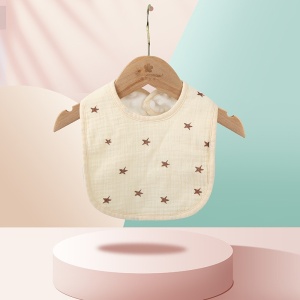 Baveta in Forma de U, din Bumbac, pentru Copii 0-12 Luni, Rezistenta la Apa, cu Capse, Model cu Stelute, 21x30 cm, Crem - Img 2
