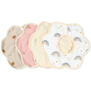 Baveta Tip Floare, din Bumbac, pentru Copii 0-12 Luni, Rezistenta la apa, cu Capse, Model cu Ursuleti, 26 x 29 cm, Crem - Img 4