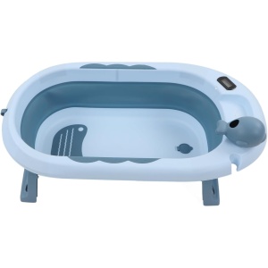 Cada de Baie, pentru Copii 0 luni - 6 Ani, cu Termometru, Pliabila, Perna Suport Inclusa, din Plastic, 81.5 x 49 x 21.5 cm, Albastru - Img 5