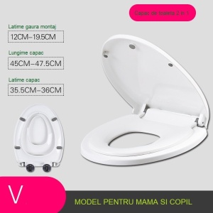 Capac de Toaleta cu Reductie 2 in 1, pentru Copii si Adulti, Coborare Lenta si Silentioasa, Instalare Usoara, din PP5 , in Forma de V, Alb - Img 3