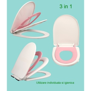 Capac de Toaleta cu Reductie 3 in 1, pentru Copii +3 Ani si Adulti, Coborare Lenta si Silentioasa, Instalare Usoara, din PP5 , in Forma de U, Alb/Roz - Img 3