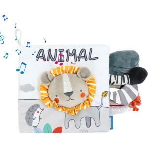 Carte Senzoriala, pentru Bebelusi, 15x16x6 cm, cu Animalute, 3D, Cu Sunete si Fosnete, 0-3 Ani, Model Leu, Gri - Img 3
