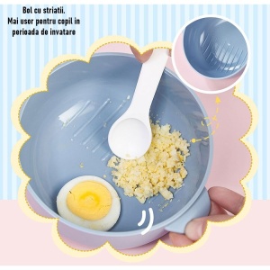 Caserola pentru copii lunch box, 750 ml, doua boluri, lingura, foarfeca din plastic, rezistenta la scurgeri, Albastra - Img 3