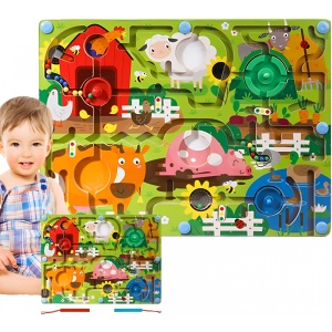 Joc Montessori de Sortare Culori, Creion Magnetic, Tip Labirint Ilustrat, din Lemn, Model Ferma, 39x29x1.5 cm - Img 5